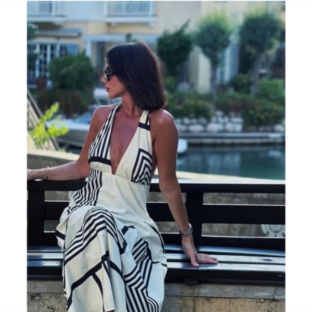 Zara Cotton Dress Halter Black Cream Maxi Size M - Picture 6 of 16